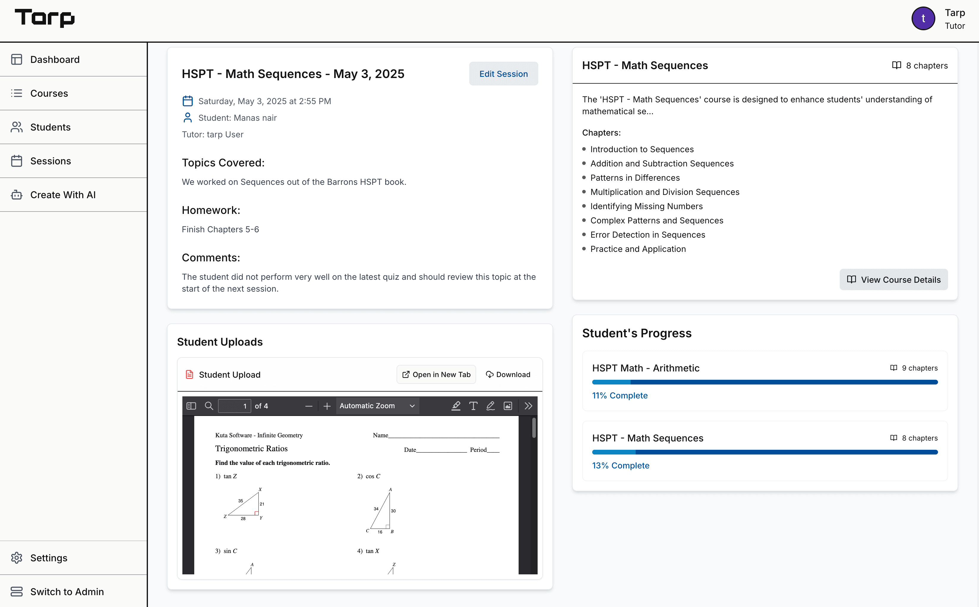 Screenshot of Tarp LMS dashboard